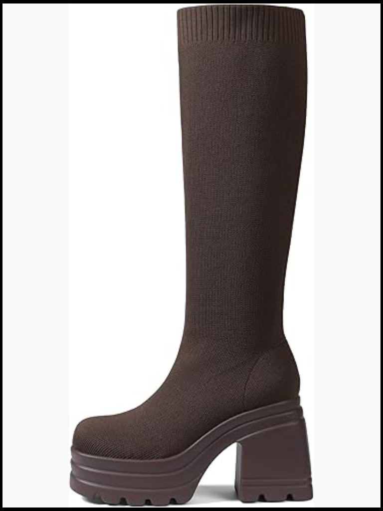 Knee High Boots Wide Calf Stretch Knit Chunky Platform Heel Square Toe Y2k